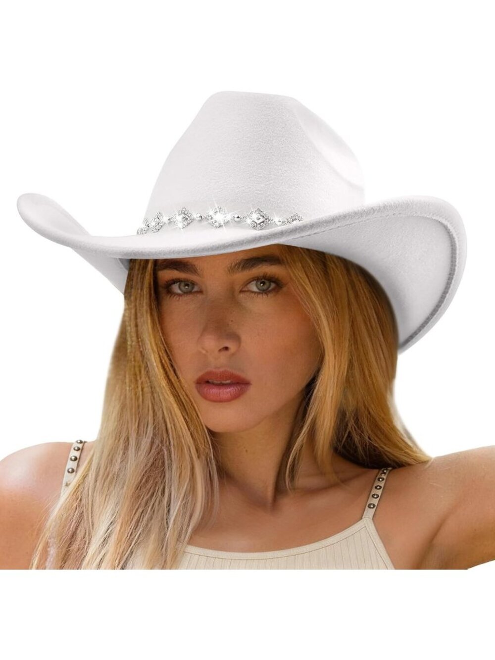 Women's White Rhinestone Glitter Wide Brim Felt Cowboy Western Cowgirl Hat